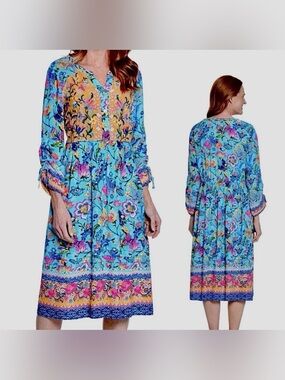 John Mark Blue Floral Long Sleeve Midi Dress embroidered sz 1X